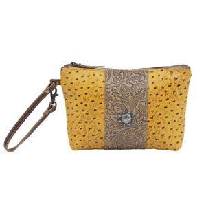 NWT Myra Bumble Leather & Hairon Bag Yellow Brown Pebbled 8.5" x 6.5" NEW